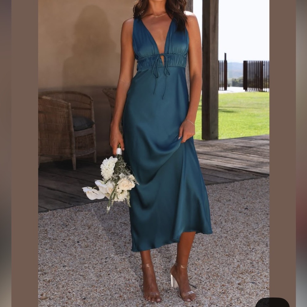 Billy J - Amber Teal Satin Maxi Dress